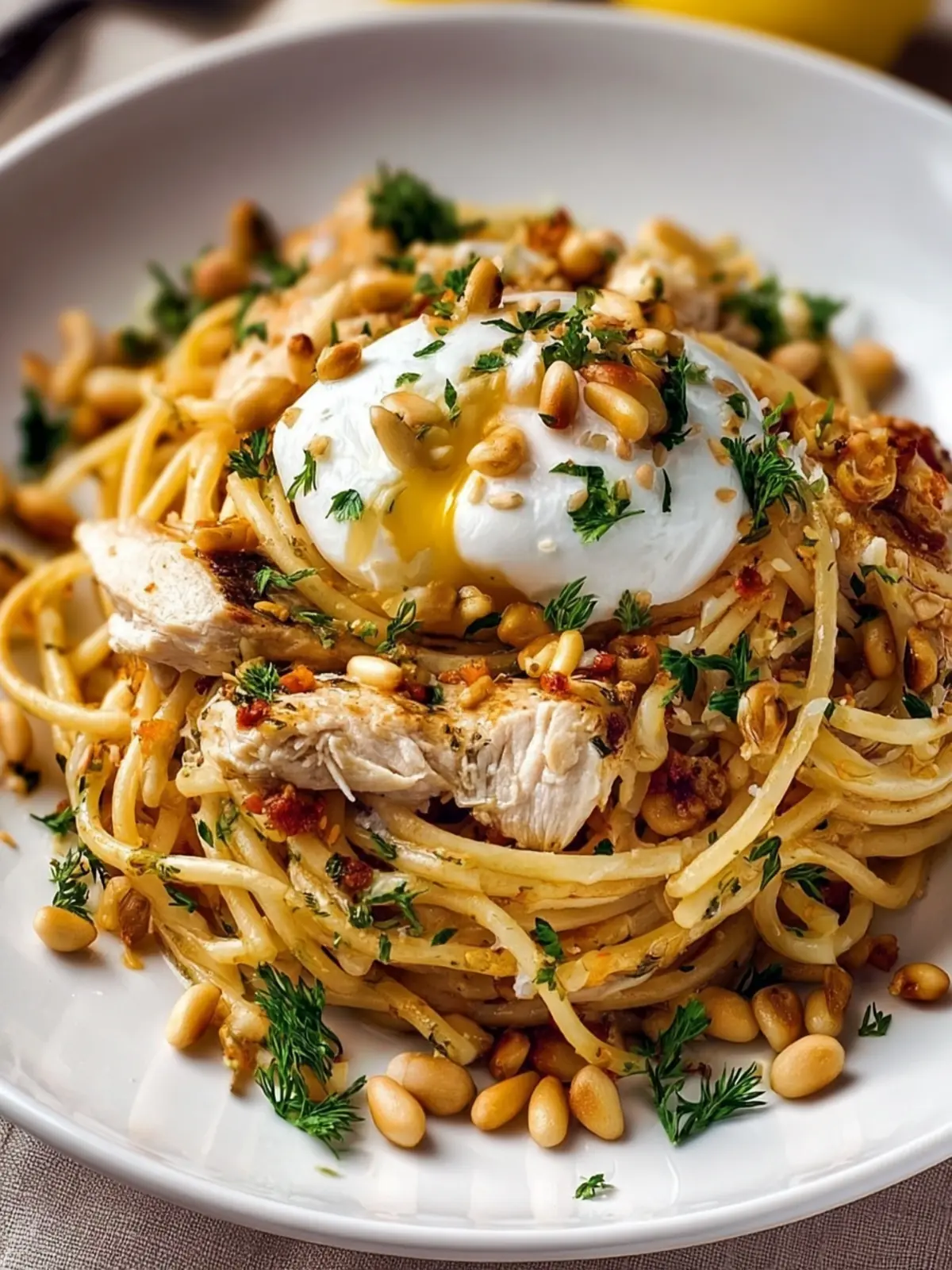 Chicken Spaghetti with Burrata, Pine Nuts, & Lemon Butter Garlic Sauce First Image