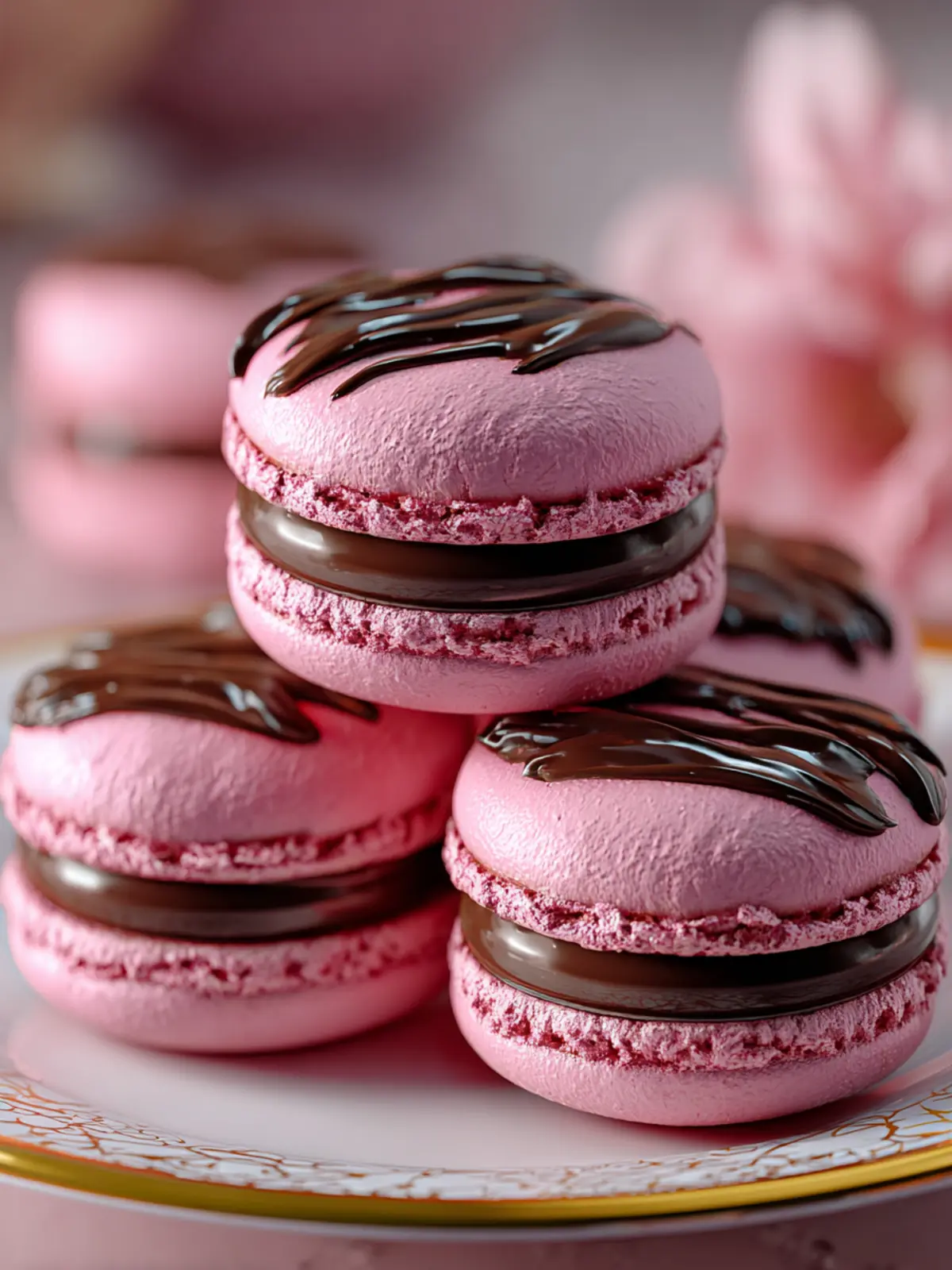 Delightful Pink Velvet Macarons with Chocolate Ganache First Image