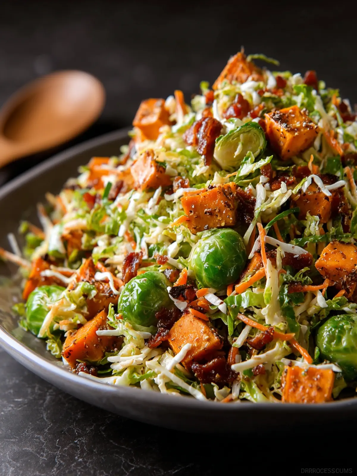 Shredded Brussel Sprout Salad with Roasted Sweet Potatoes First Image