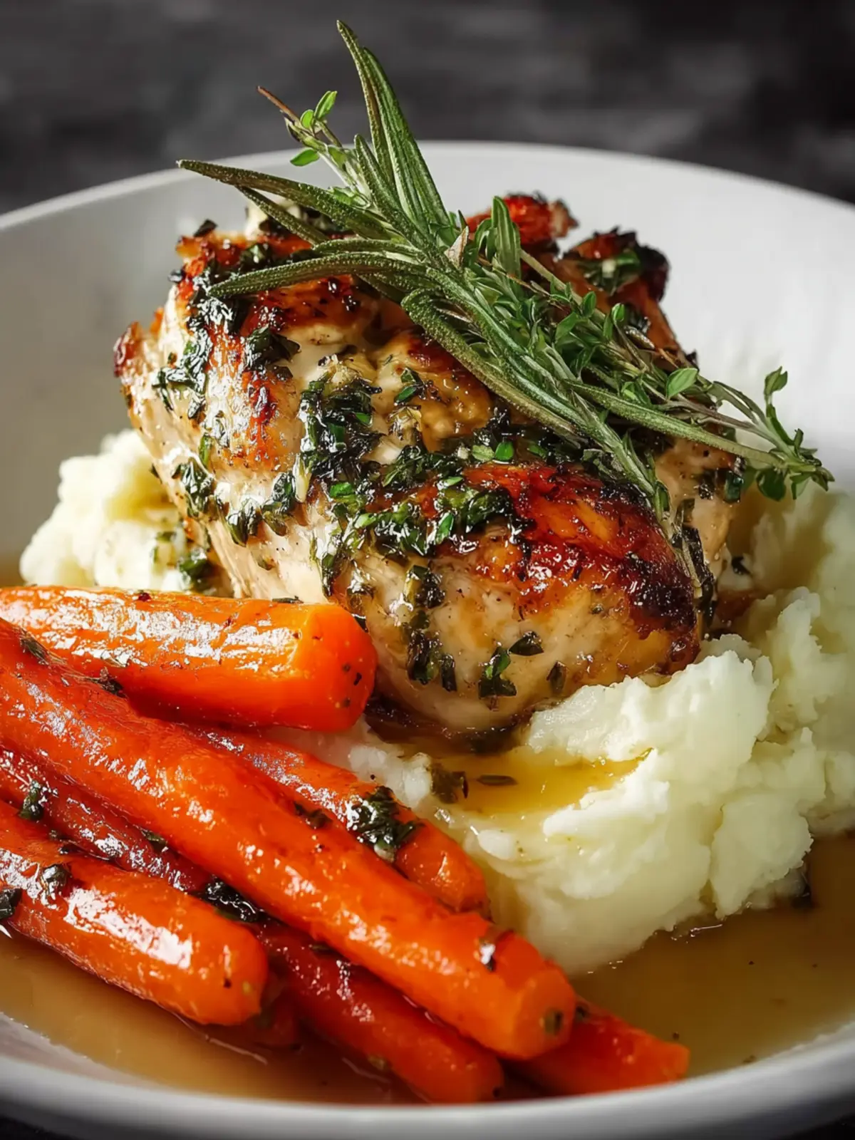 Garlic Herb Chicken with Mashed Potatoes and Glazed Carrots First Image